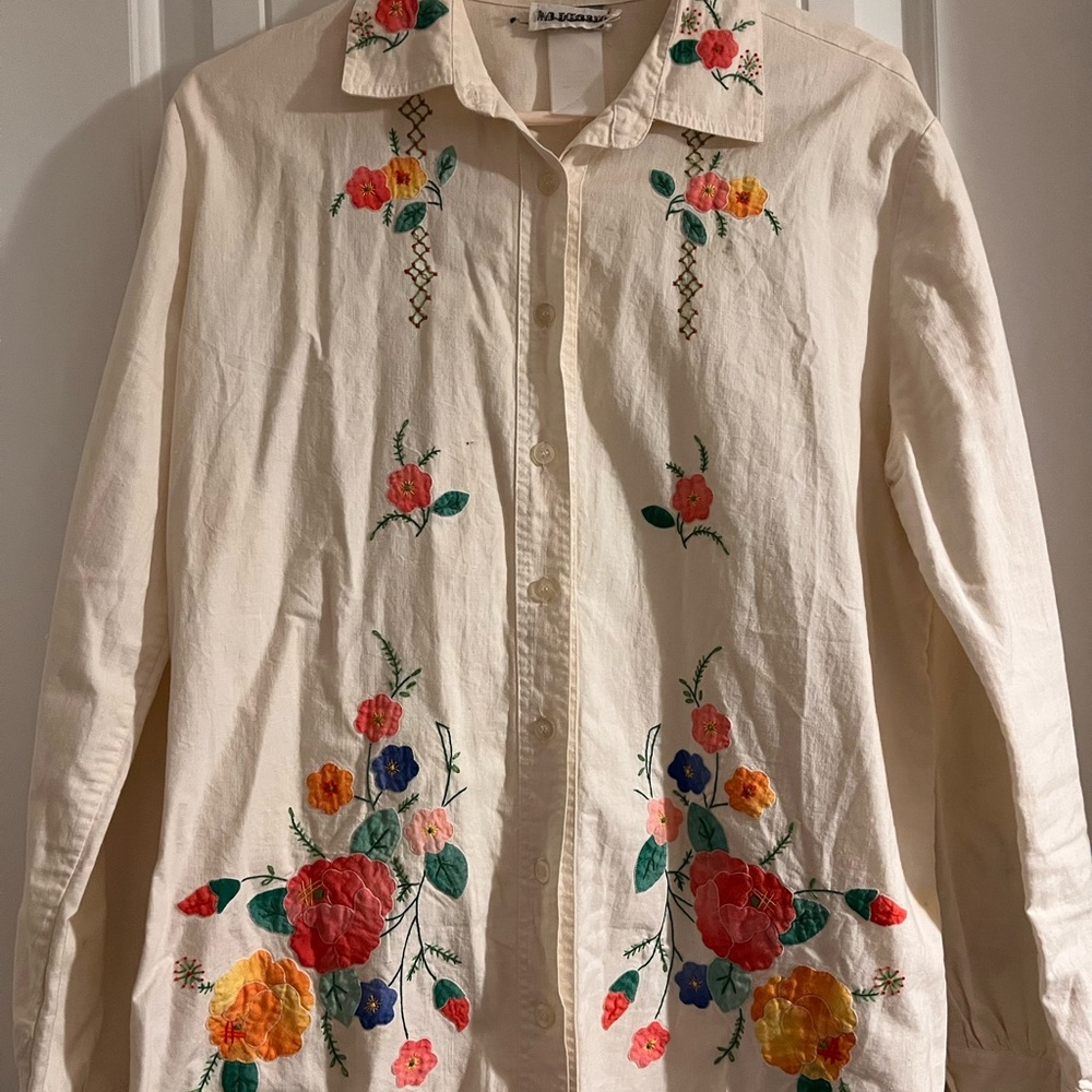 Floral Embroidered Button Down Shirt - Cream